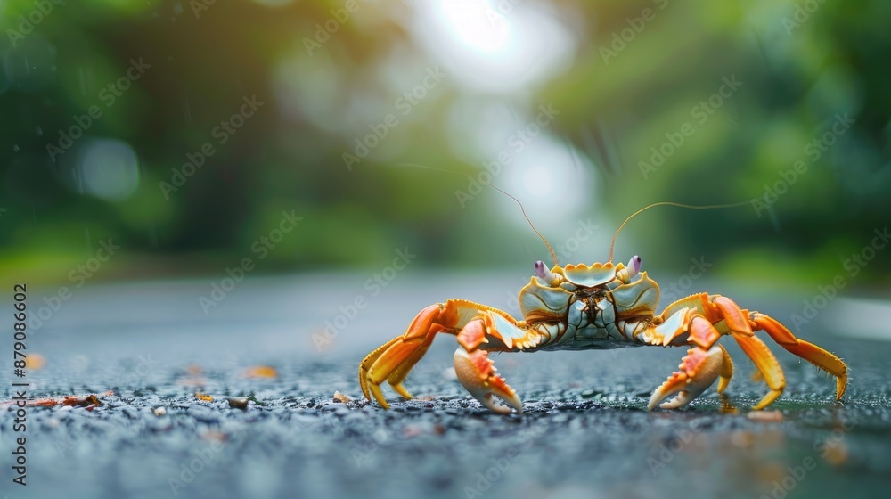Orange Crab on Wet Asphalt in a Tropical Setting Orange Crab on Wet Asphalt in a Tropical Setting