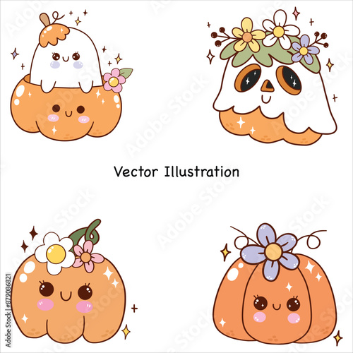 Groovy Halloween Retro vintage Halloween Hippie Flower Cute  Pumpkins Halloween with cute flower Halloween Vector Cute Pumpkin autumn Vector Illustration