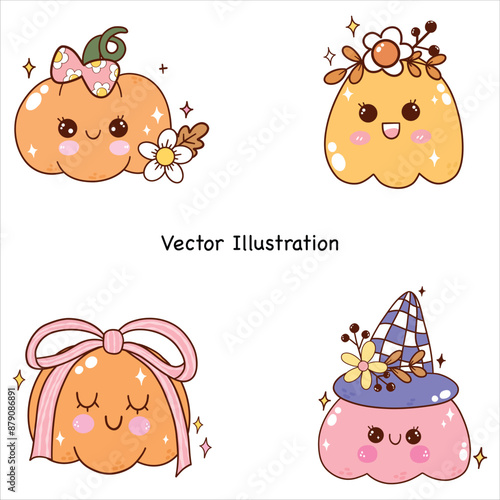 Groovy Halloween Retro vintage Halloween Hippie Flower Cute  Pumpkins Halloween with cute flower Halloween Vector Cute Pumpkin autumn Vector Illustration