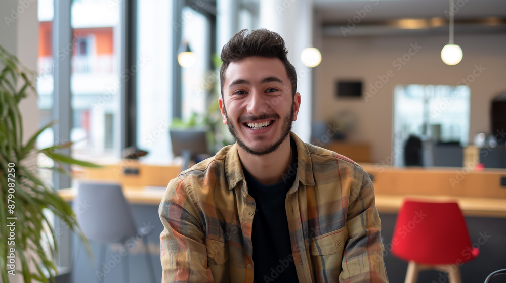 Naklejka premium Portrait of smiling male receptionist looking at camera in modern office.