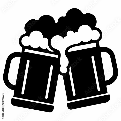 Beer mug silhouette, Two clinking beer mugs icon vector illustration

