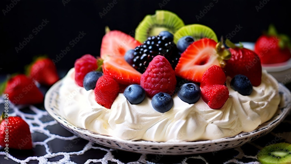 Pavlova Meringue Cake Topped with Fresh Fruit. Pavlova Meringue Cake Topped with Fresh Fruit.