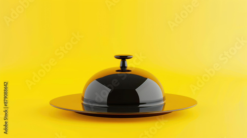 Elegant black dish with lid on yellow background, perfect for launching promotions. 3D rendering concept for restaurant banners.