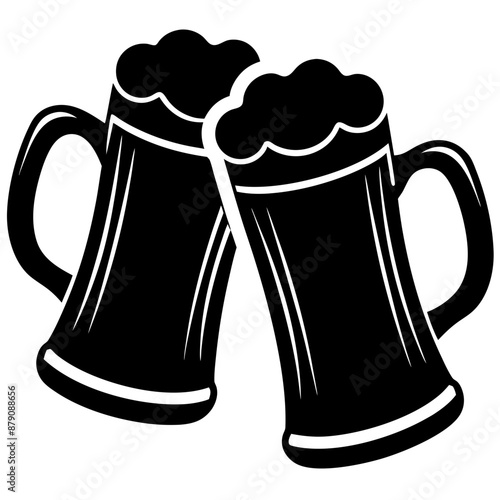 Beer mug silhouette, Two clinking beer mugs icon vector illustration

