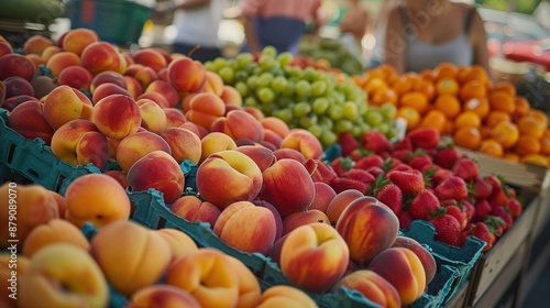 A colorful roadside fruit stand overflowing with fresh produce, as travelers stop to pick up juicy peaches and ripe strawberries on their summer road trip adventure.
