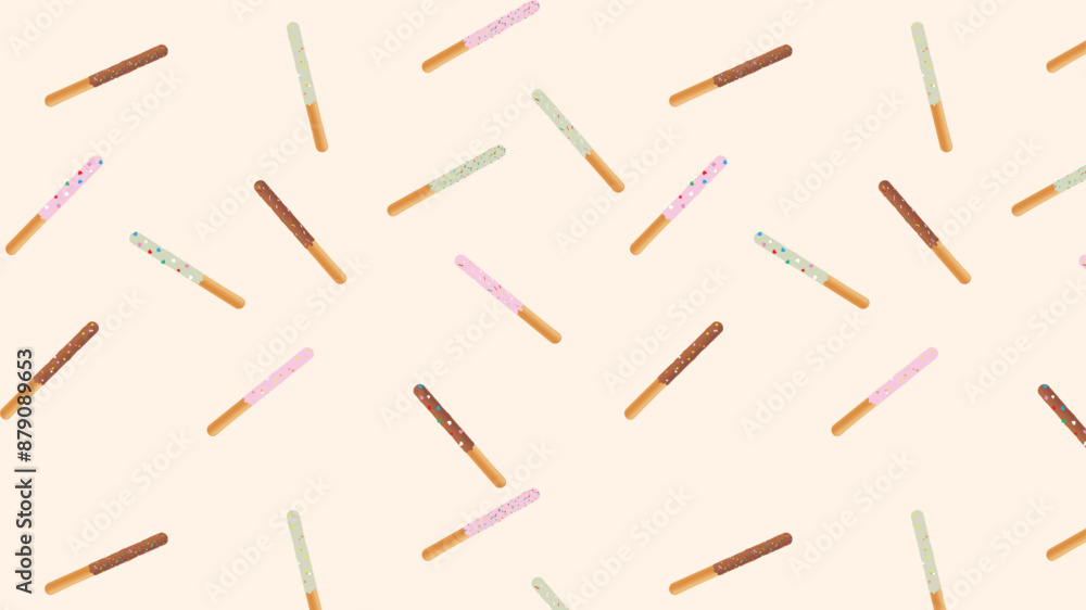 Chocolate dipped biscuits stick on brown background and concept of food ,sweet and love, chocolate sticks, pepero. pocky chocolate, strawberry, cookie cream flavor seamless pattern Chocolate dipped biscuits stick on brown background and concept of food ,sweet and love, chocolate sticks, pepero. pocky chocolate, strawberry, cookie cream flavor seamless pattern