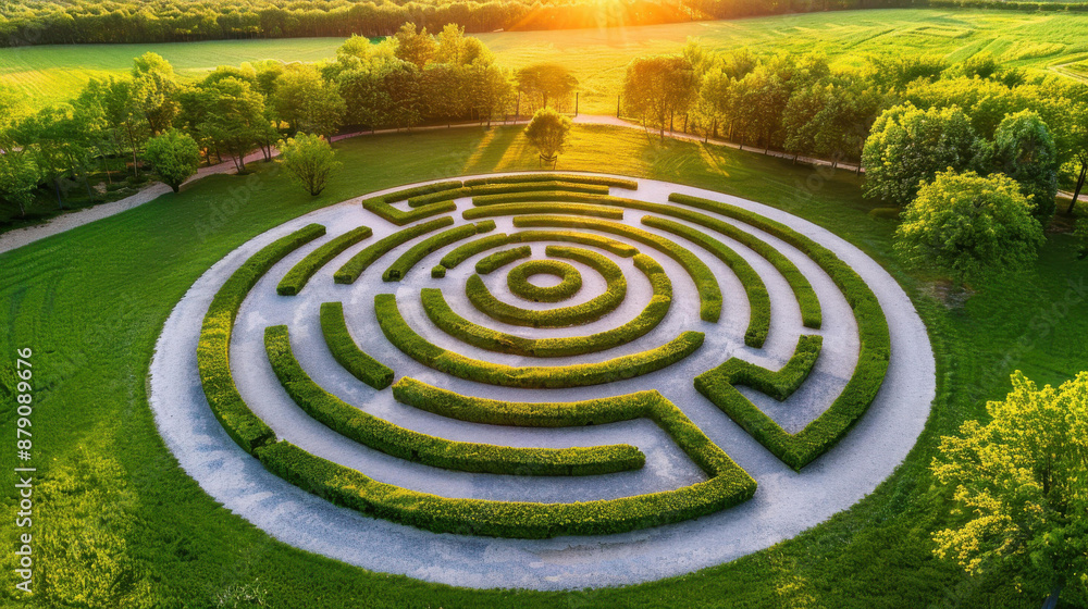 Surreal aerial view of stone labyrinth in serene woodland during dawn. Surreal aerial view of stone labyrinth in serene woodland during dawn.