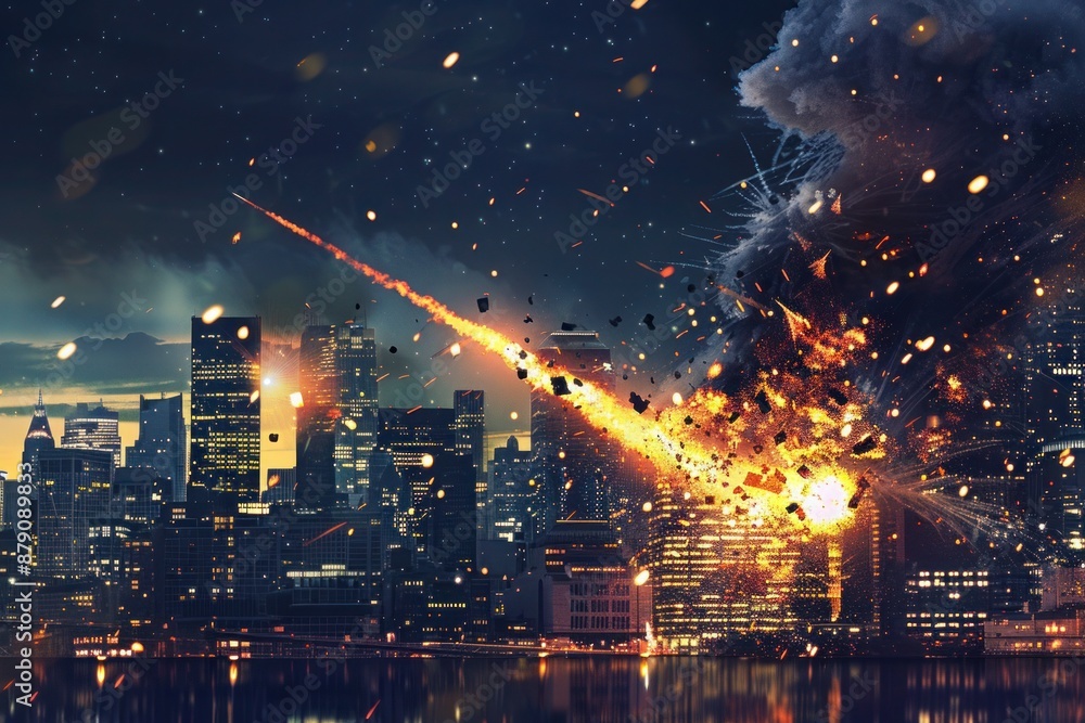 Fototapeta premium Burning comets and meteors streak across the sky, hurtling towards Earth with fiery intensity, illuminating the darkness of space