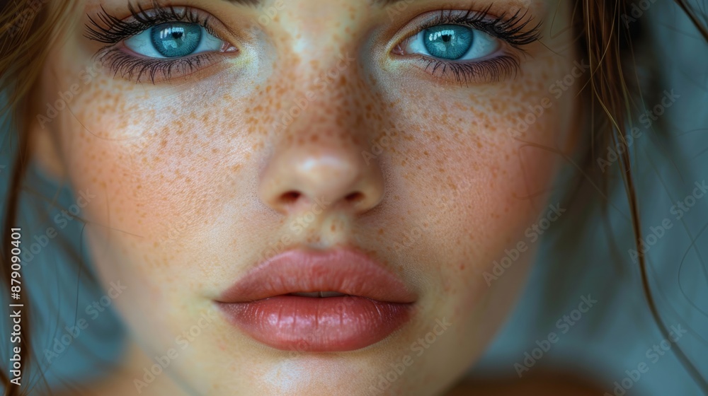 Fototapeta premium A close-up portrait of a young woman, with freckles and blue eyes looking directly at the camera.