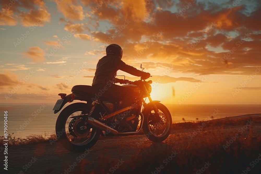 Silhouette of a motorcyclist riding at sunset with dramatic sky.