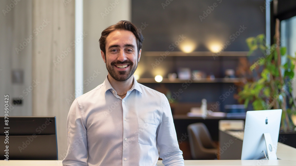 Portrait of smiling male receptionist looking at camera in modern office. Portrait of smiling male receptionist looking at camera in modern office.