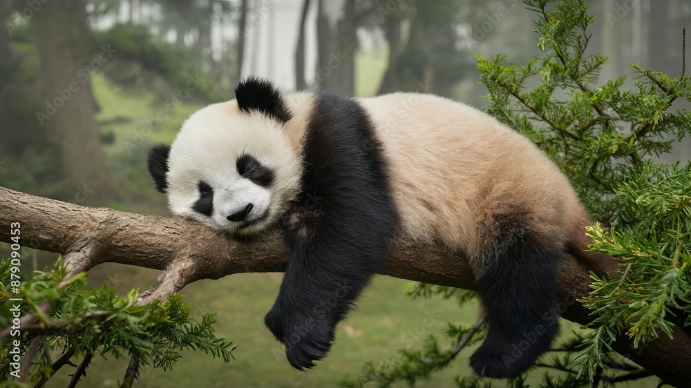 Obraz premium A panda is sleeping on a branch after eating its fill.