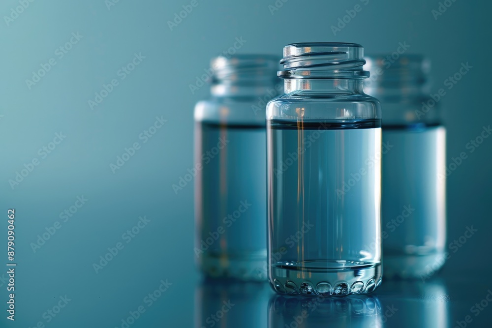 Close-up of clear glass vials with metallic lids against blue background. Close-up of clear glass vials with metallic lids against blue background.