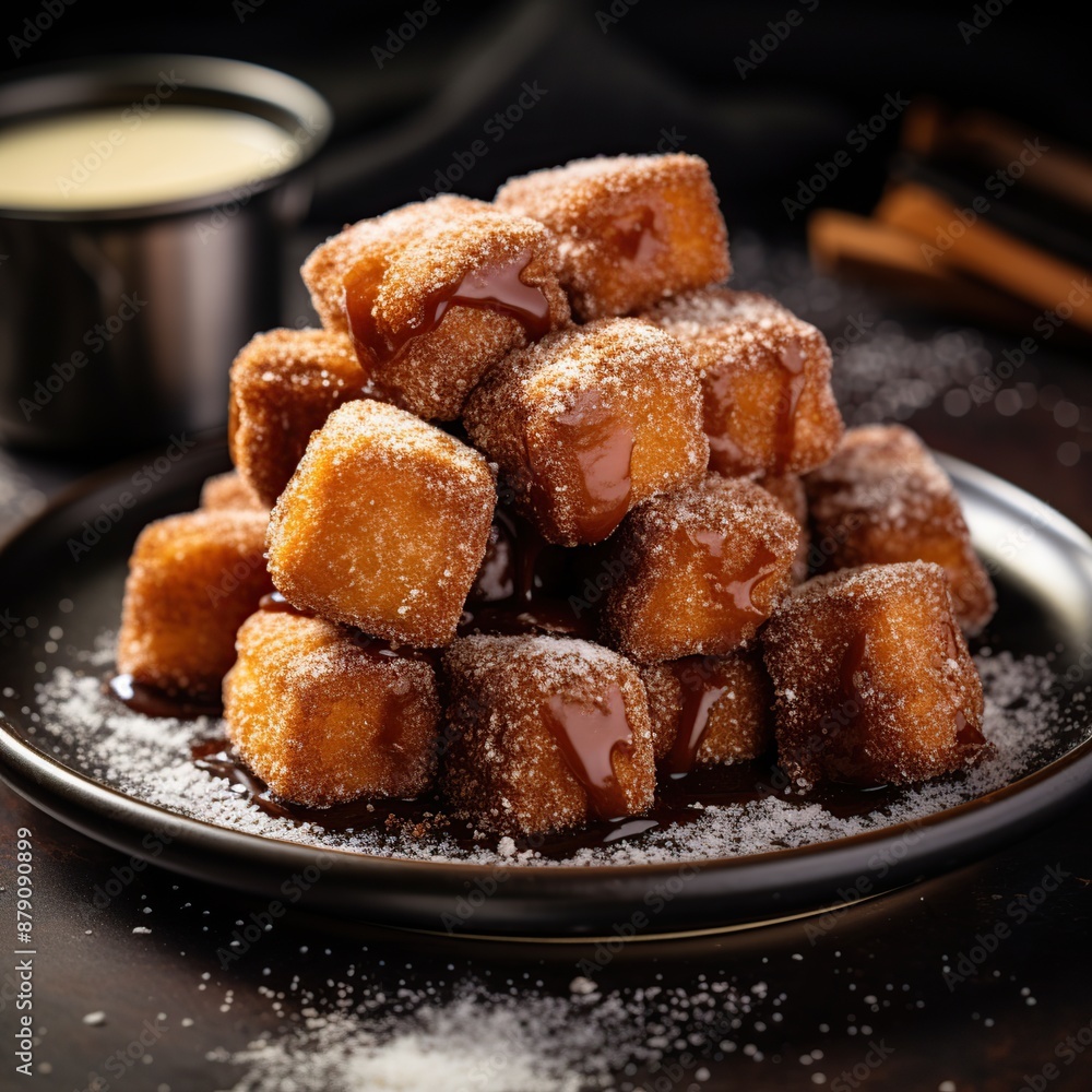 churros with chocolate and cream on a dark background. selective focus churros with chocolate and cream on a dark background. selective focus