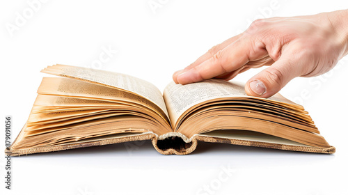 A person's hand flips through the pages of an open book, isolated against a clean white background, suggesting engagement with literature or research