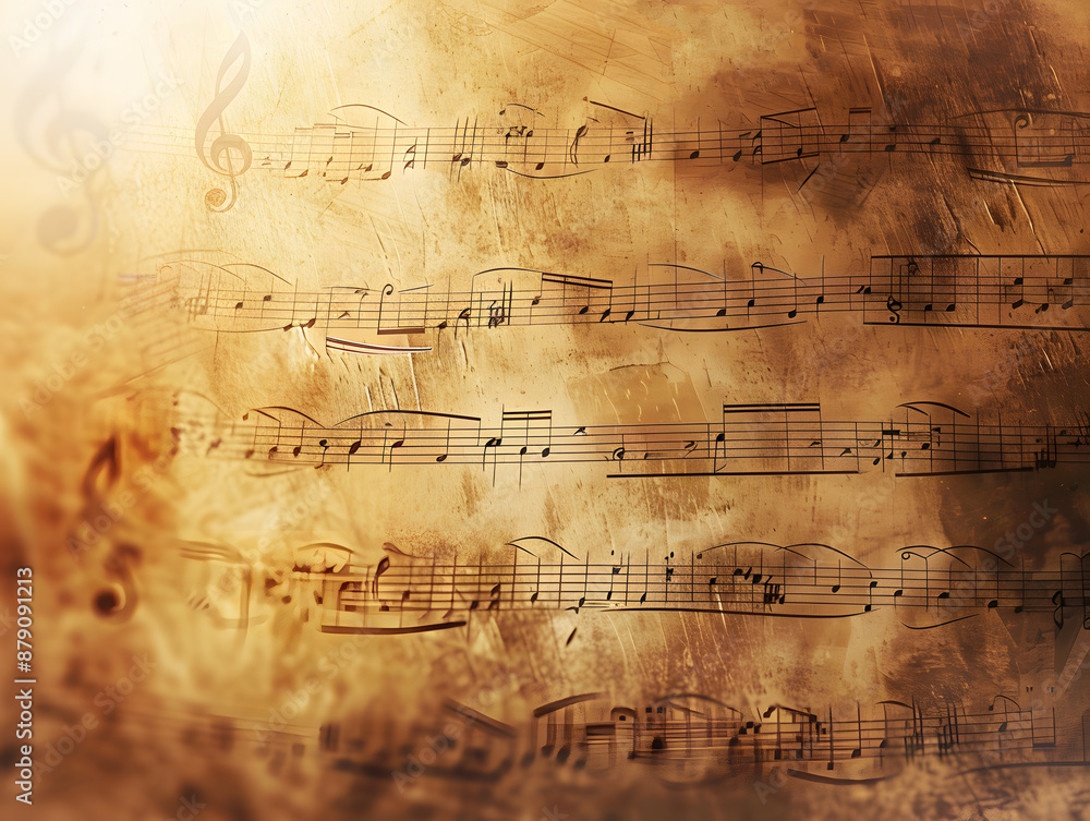 Fototapeta premium Colorful background with notes, treble clefs. Neural network AI generated art