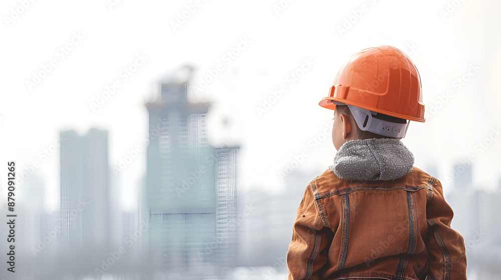 Young Child in Construction Gear Looking Up at Urban High-Rises Young Child in Construction Gear Looking Up at Urban High-Rises