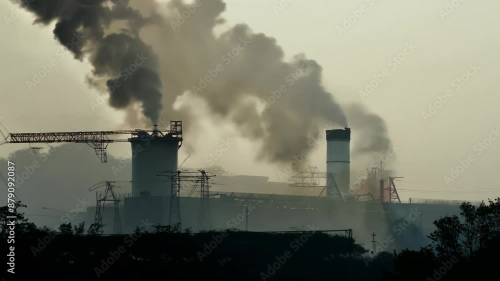 A factory emitting smoke into the atmosphere, with powerful chimneys and cranes against a gray sky. Concept: industrial pollution, ecology, A factory emitting smoke into the atmosphere, with powerful chimneys and cranes against a gray sky. Concept: industrial pollution, ecology,