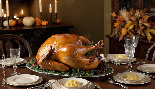 thanksgiving dinner table with cooked turkey