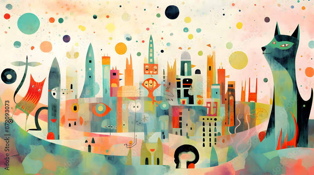 Colorful Abstract Cityscape with Cats Illustration Colorful Abstract Cityscape with Cats Illustration