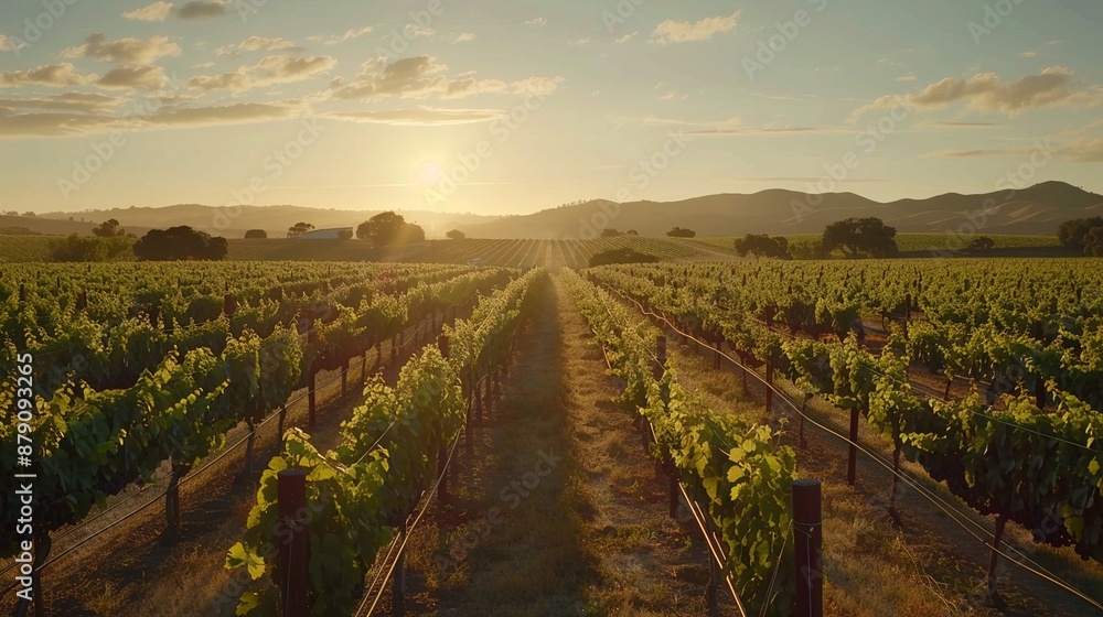 Fototapeta premium A picturesque vineyard with rows of grapevines stretching towards the horizon, as travelers stop to sample local wines and enjoy vineyard tours along their summer road trip route.