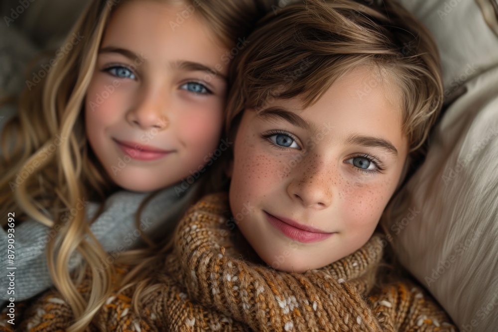 Two young children laying on a couch together, Portrait Two young children laying on a couch together, Portrait