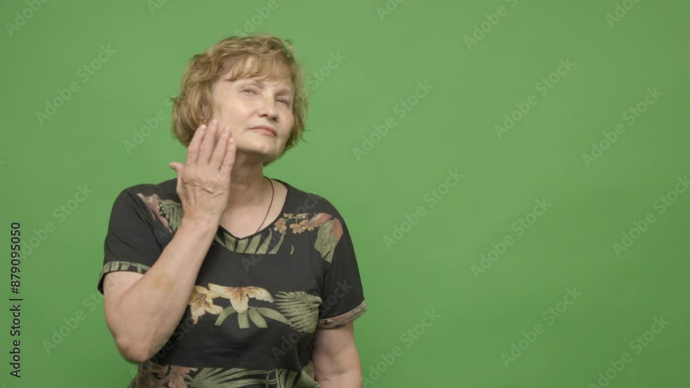 Senior woman applies cream with fingers on a green background Senior woman applies cream with fingers on a green background