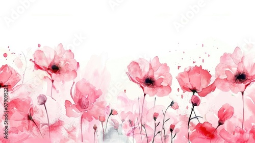 Beautiful pink flowers and watercolor art on white background with space for text