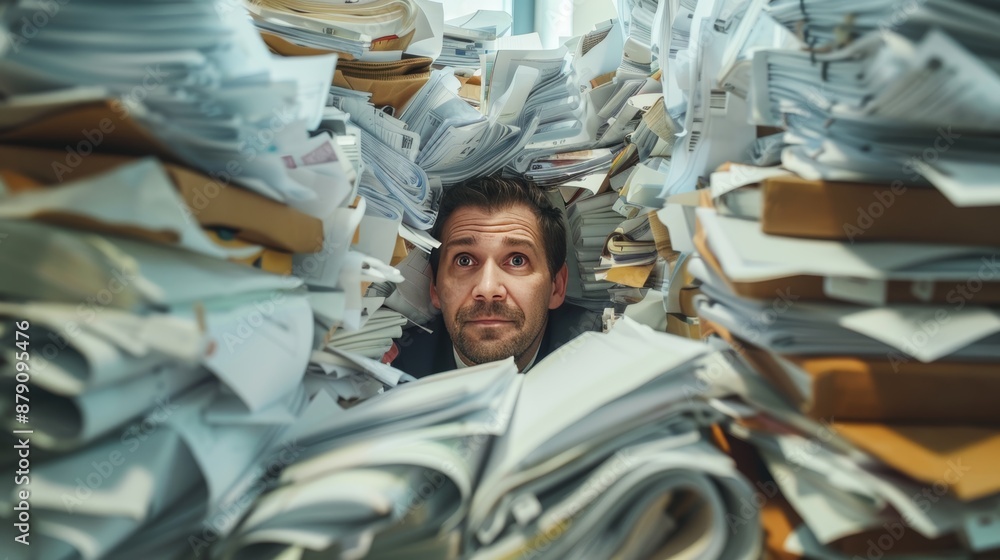 Serious businessman surrounded by important documents in a bustling office environment Serious businessman surrounded by important documents in a bustling office environment