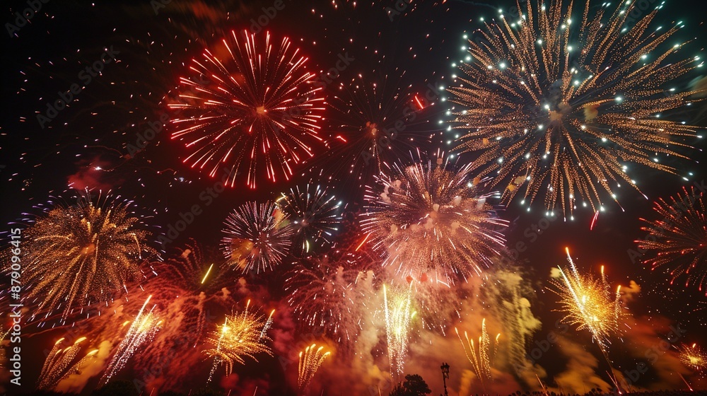 A striking image of the fireworks display that marks the opening ceremony of the Festival of San Fermin, lighting up the night sky above Pamplona in a dazzling array of colors.