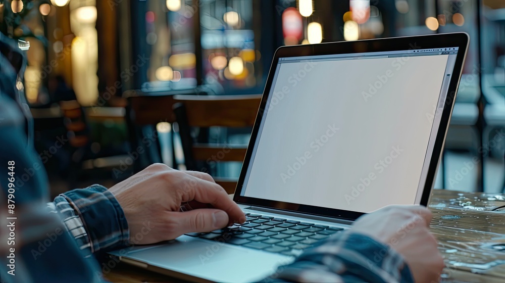 Close-up of laptop on cafe table, man typing, blank screen ready for your ad Close-up of laptop on cafe table, man typing, blank screen ready for your ad