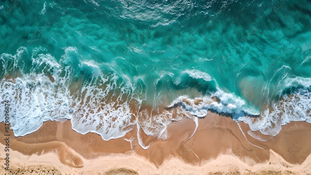 Obraz premium Aerial view of turquoise waves crashing on sandy beach. Summer vacation holidays background. Generative AI