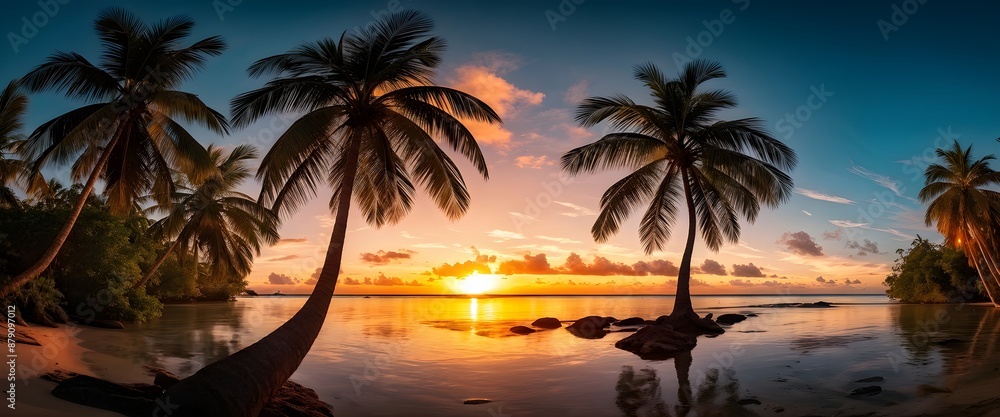 Obraz premium Tropical palm trees with serene mood during sunset on tranquil beachside. Summer vacation holidays background. Generative AI