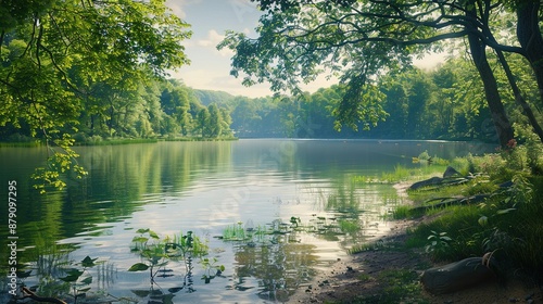 A tranquil scene of fishing enthusiasts casting lines into a peaceful lake surrounded by lush greenery, enjoying the solitude and anticipation of a summer catch.