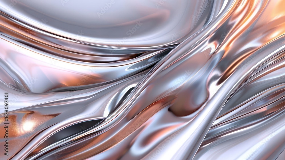 A mesmerizing liquid design with smooth swirls and lines accented by metallic tones of silver and rose gold, mimicking the appearance of flowing metal and creating a luxurious atmosphere. A mesmerizing liquid design with smooth swirls and lines accented by metallic tones of silver and rose gold, mimicking the appearance of flowing metal and creating a luxurious atmosphere.