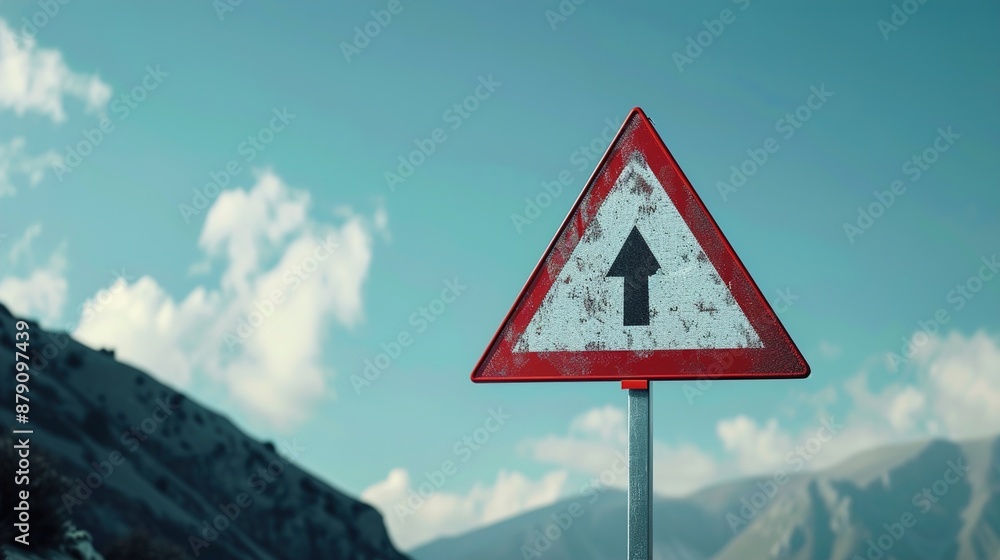 A triangular caution sign in red and white, warning of a steep incline ahead, positioned against a solid backdrop to alert drivers to adjust their speed. A triangular caution sign in red and white, warning of a steep incline ahead, positioned against a solid backdrop to alert drivers to adjust their speed.