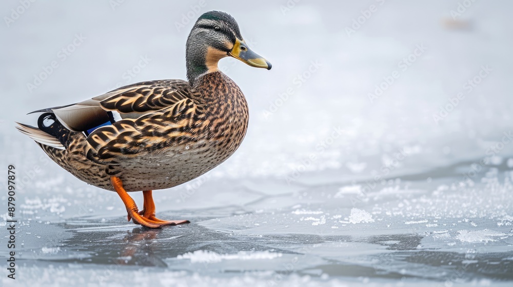 Mallard Duck Standing on Frozen Lake in Winter