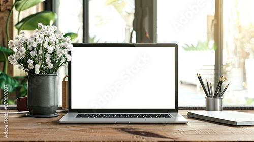 Mock up laptop screen on working desk, empty white display, mouse, copy space