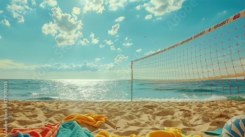 A vibrant beach volleyball net set up on golden sands, with colorful beach towels scattered around and the sparkling ocean in the background.