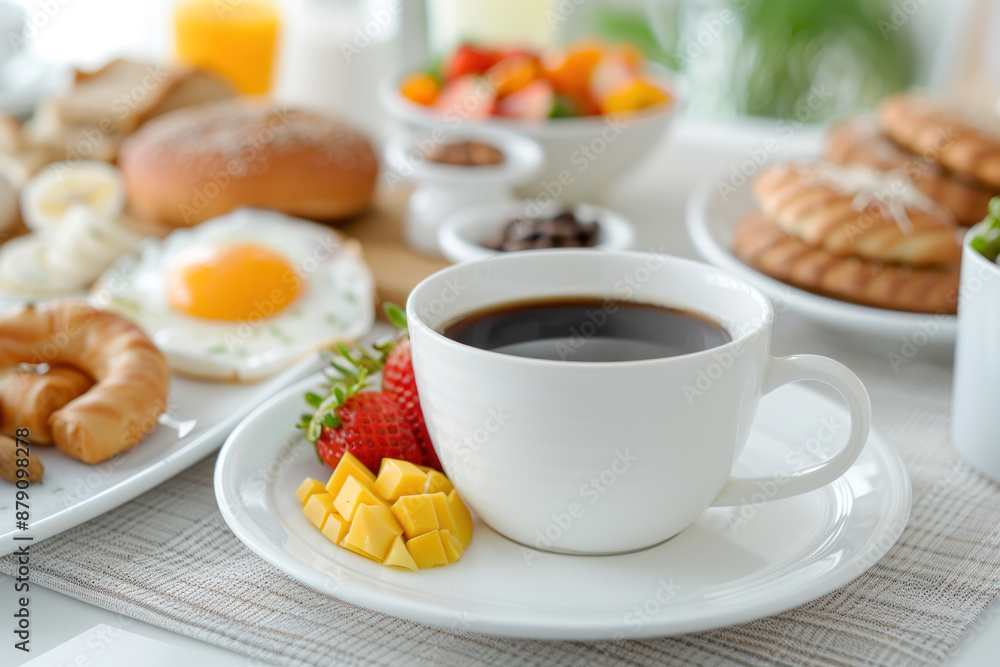 A cup of black coffee and buffet breakfast in hotel restaurant A cup of black coffee and buffet breakfast in hotel restaurant
