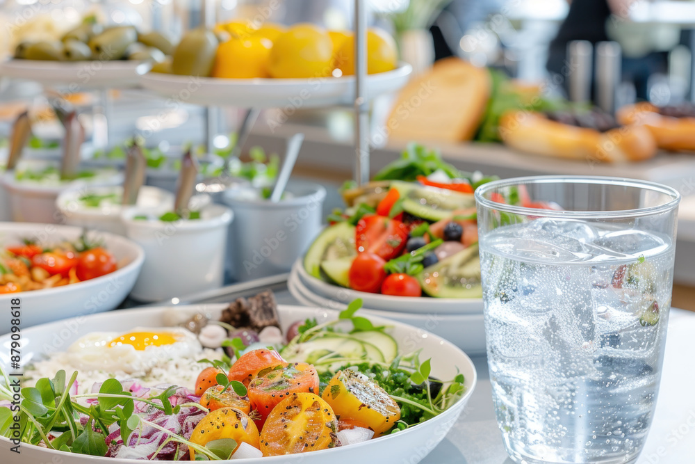 A cup of fresh water and buffet breakfast in hotel restaurant A cup of fresh water and buffet breakfast in hotel restaurant