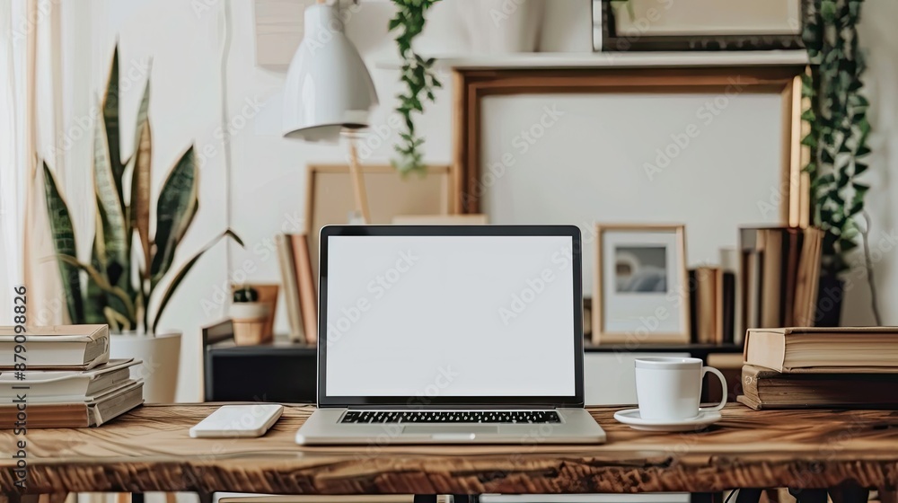 Wooden table featuring laptop with blank white screen, books, coffee cup, and picture frame Wooden table featuring laptop with blank white screen, books, coffee cup, and picture frame