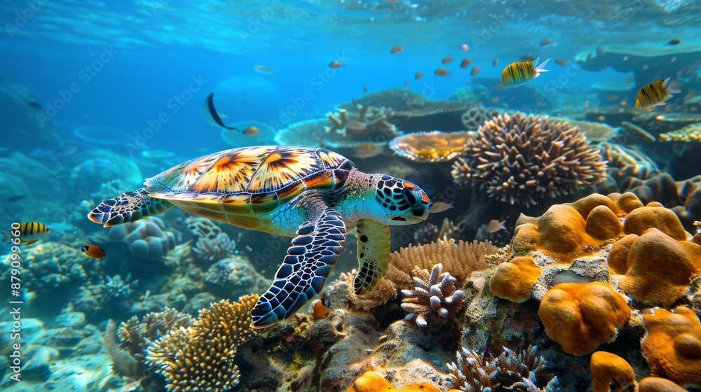 Fototapeta premium Sea Turtle Swimming Through Vibrant Coral Reef - Underwater Scene