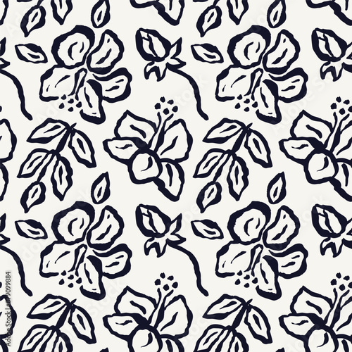 Monochrome black and white brush strokes inky hibiscus flowers seamless pattern. Abstract tropical floral contemporary background.