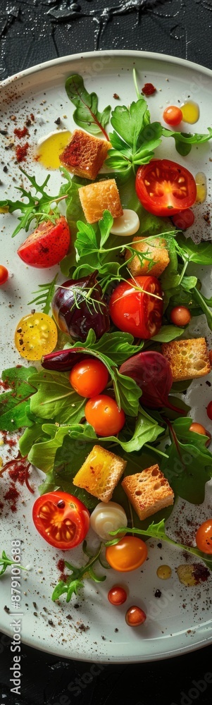 Plate of salad with tomatoes and croutons on it, Vegetarian Day Plate of salad with tomatoes and croutons on it, Vegetarian Day