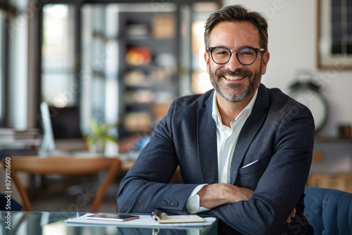 Portrait of a smiling businessman sitting at a desk with a computer and looking at the camera, with an office background. The man is wearing glasses and has a beard, in the style of an office worker.