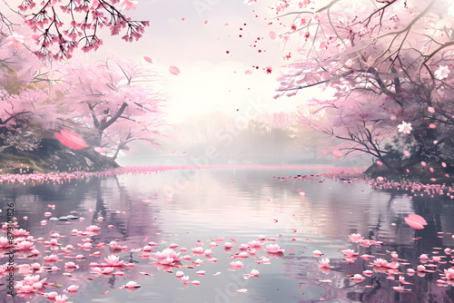 Cherry blossom trees in full bloom around a serene pond in springtime