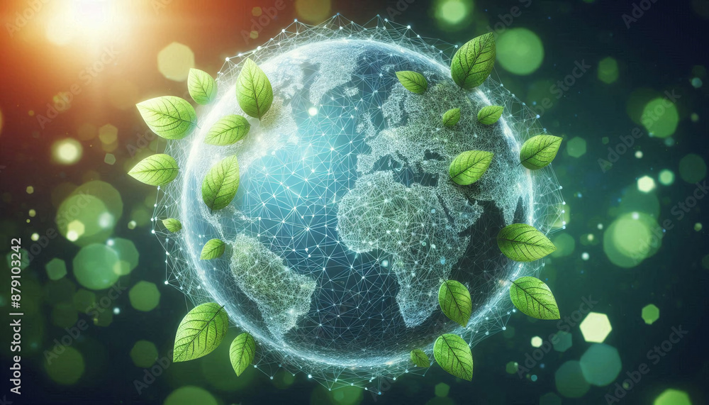 A network of digital leaves forming a globe, symbolizing a world united by sustainable technology A network of digital leaves forming a globe, symbolizing a world united by sustainable technology
