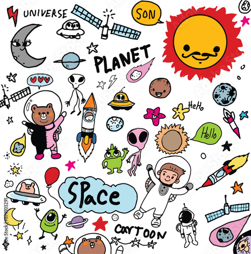 Draw simple lines about space and stars and galaxies.