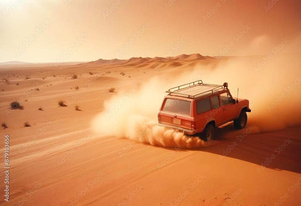 A jeep driving through a desert A jeep driving through a desert